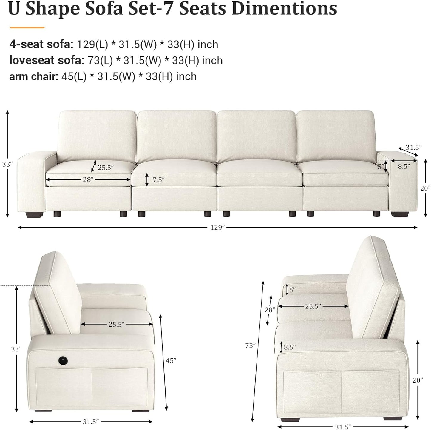 Harkawon 3-Piece Sofa Set for Living Room with Large Storage Space,Comfy Chenille Cover Couch Set (Beige)