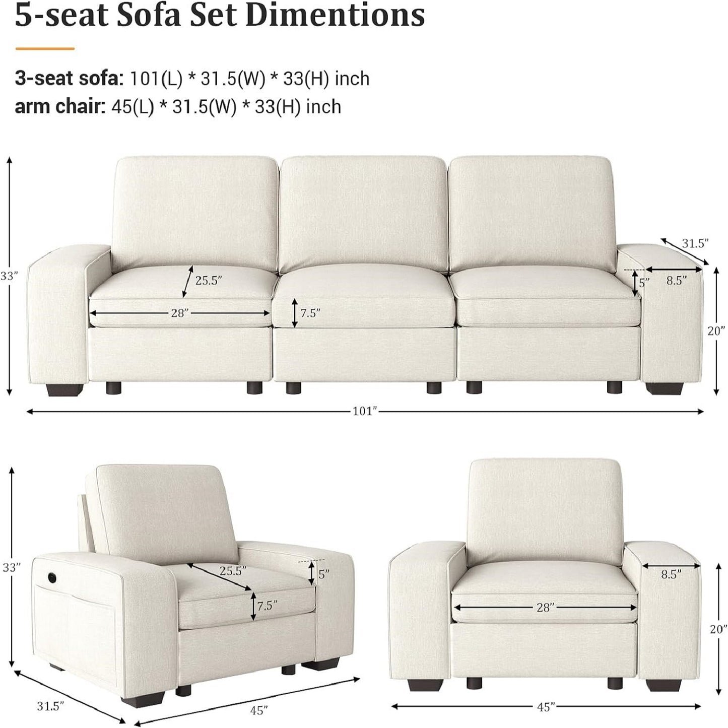 Harkawon 3-Piece Sofa Set for Living Room with Large Storage Space,Comfy Chenille Cover Couch Set (Beige)