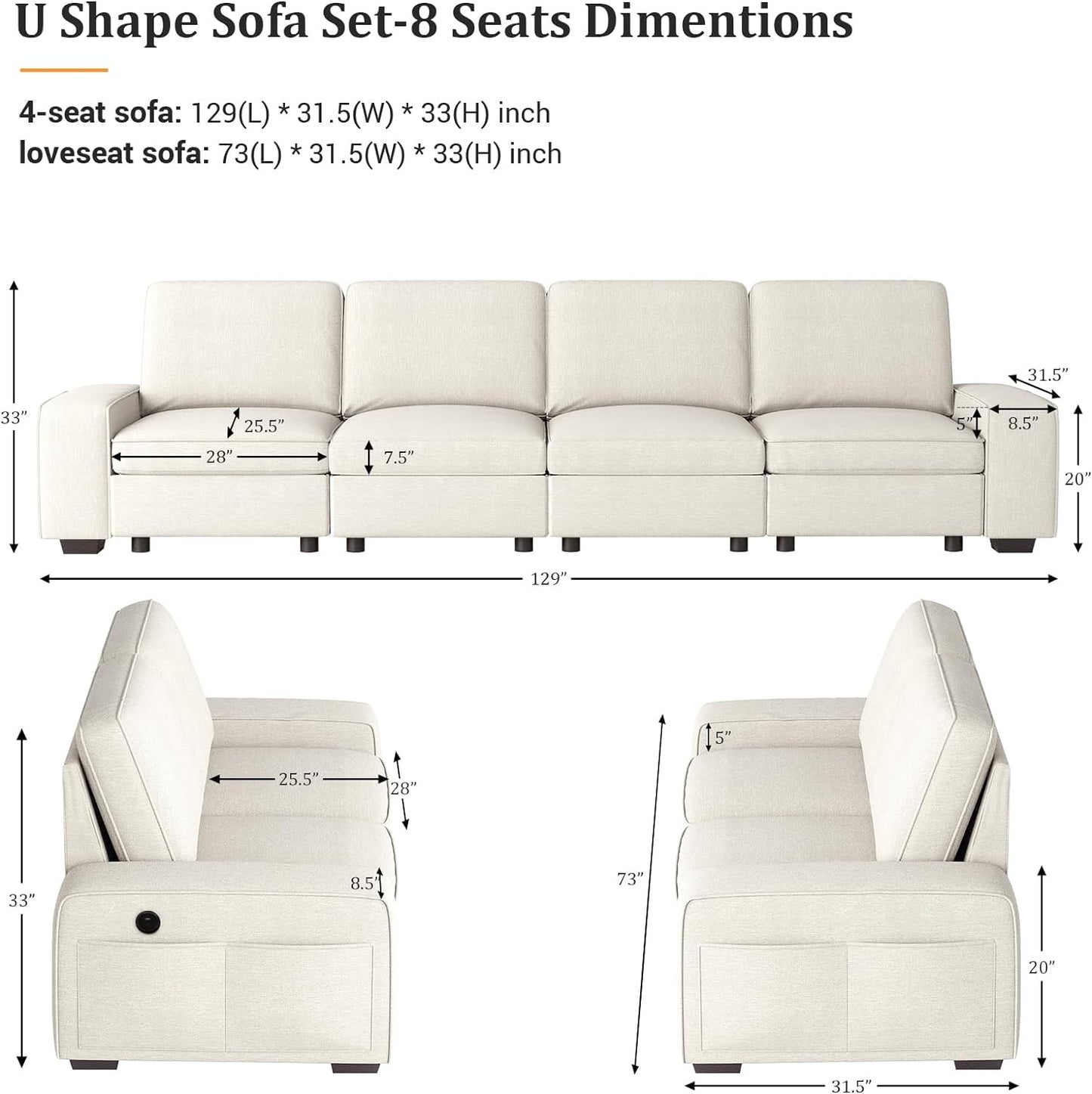 Harkawon 3-Piece Sofa Set for Living Room with Large Storage Space,Comfy Chenille Cover Couch Set (Beige)