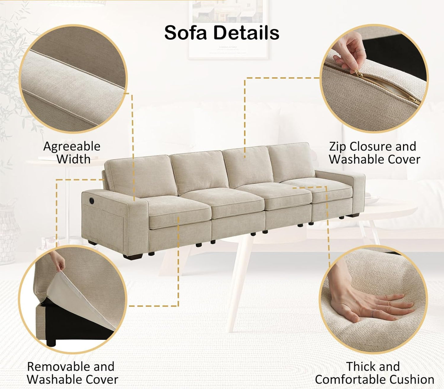Harkawon 3-Piece Sofa Set for Living Room with Large Storage Space,Comfy Chenille Cover Couch Set (Beige)