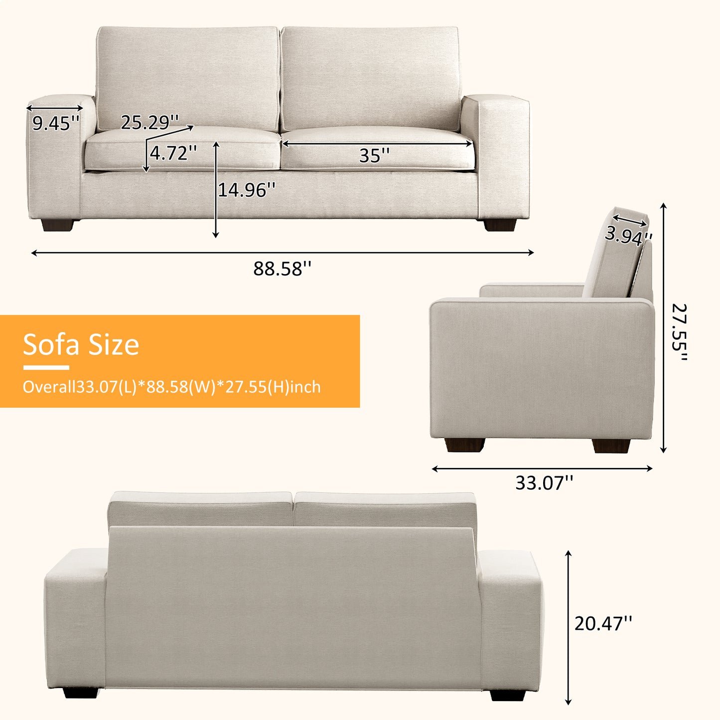 Harkawon 88.58" Modern Sofas Couches for Living Room