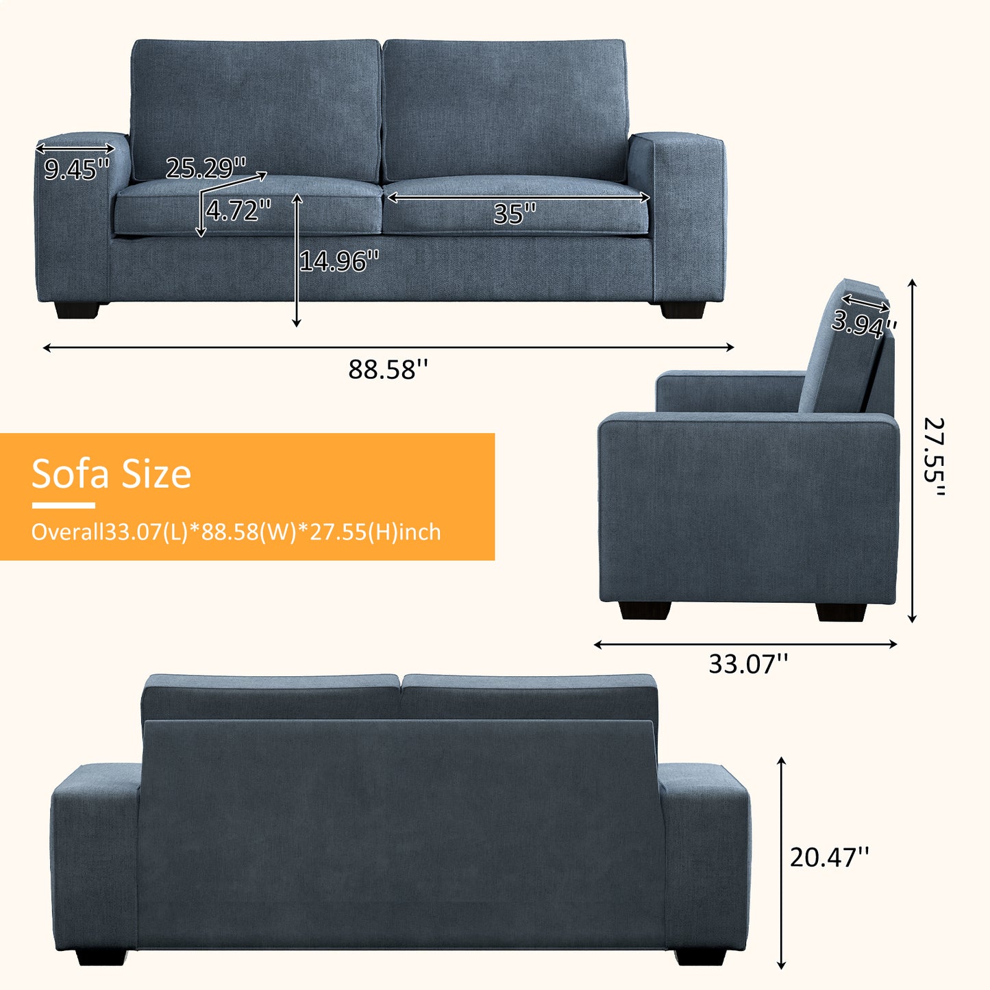 Harkawon 88.58" Modern Sofas Couches for Living Room